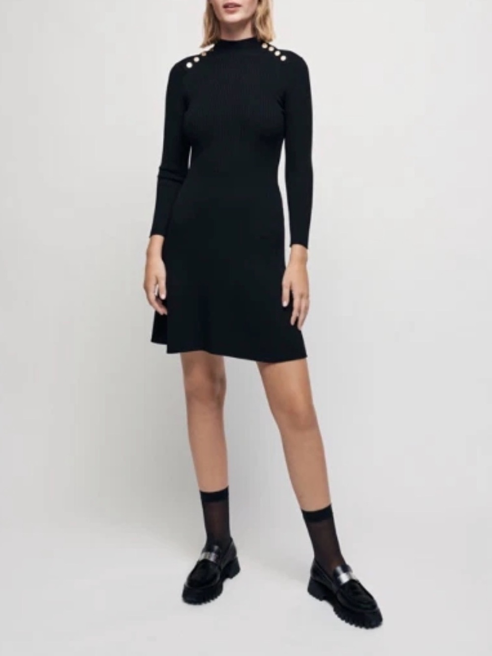 Maje Black Ribbed Knit Gold Button Fit & Flare Midi Dress 34